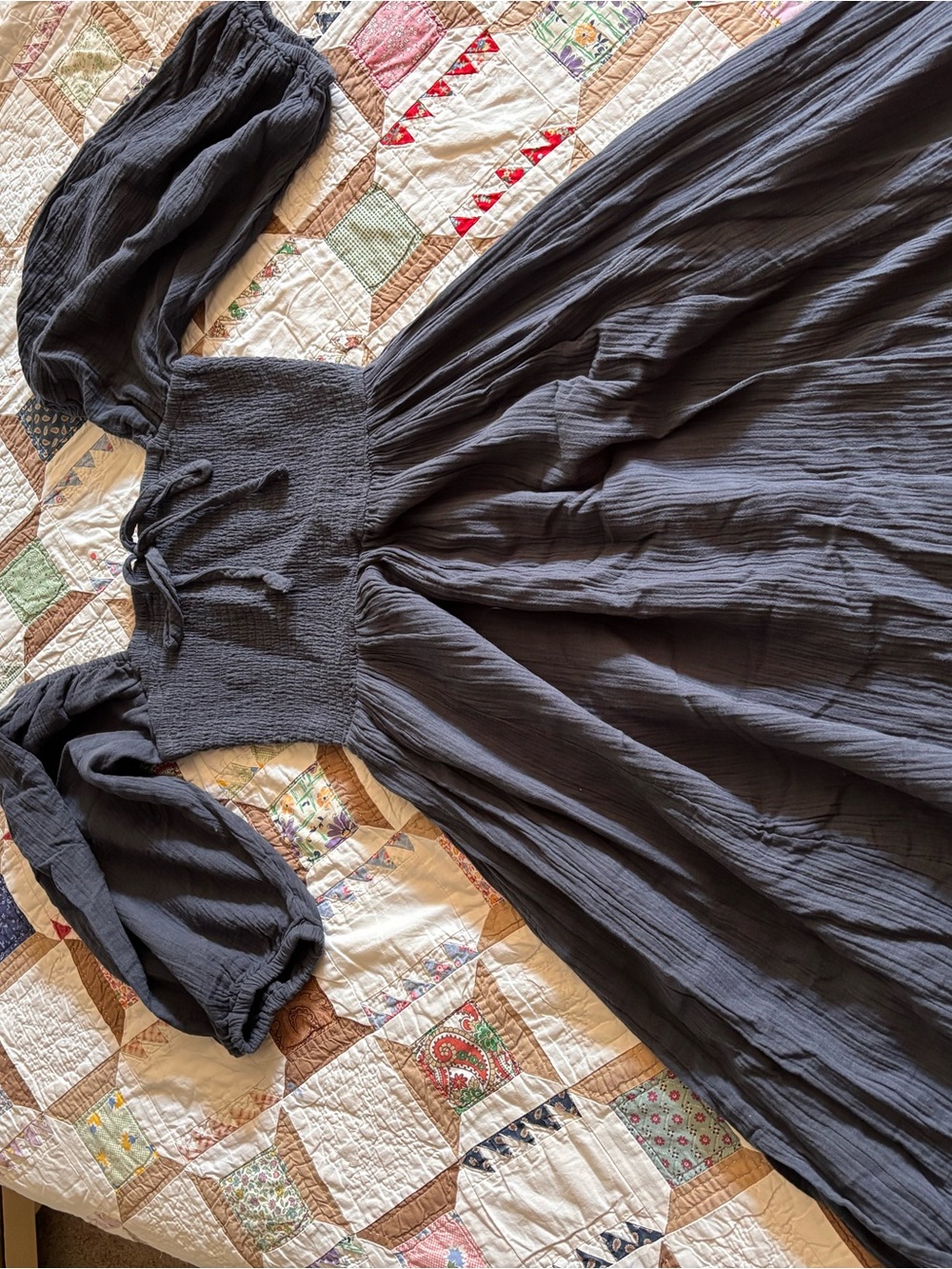 Quince Smocked Off-Shoulder Maxi Dress in Charcoal Gray